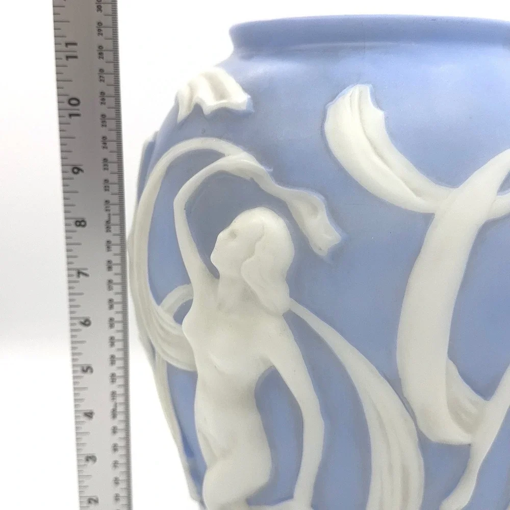 Vintage Phoenix Glass Dancing Ladies Vase Blue White Art Deco Nude Nymph 11.5